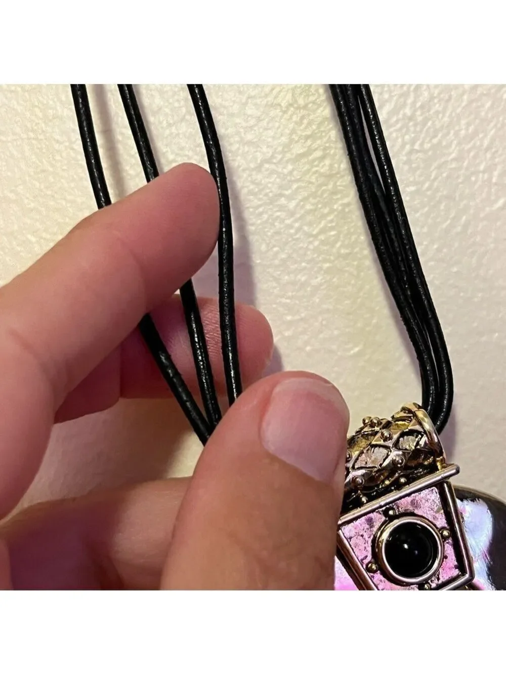 Chico’s hammered metal big pendant 3 strand black leather 90s whimsigoth 1990s
